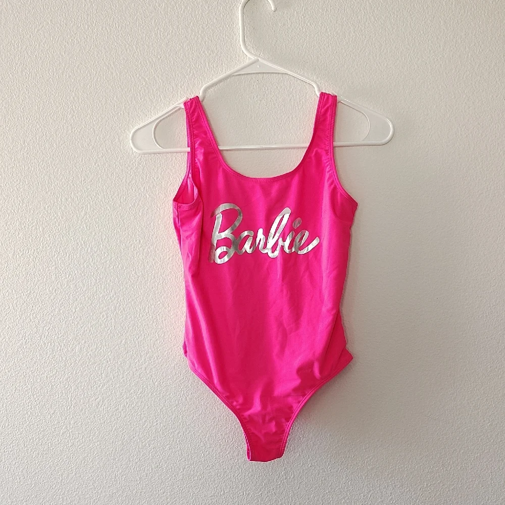 Girls Barbie Hot Pink One Piece Swimsuit Side 10/12